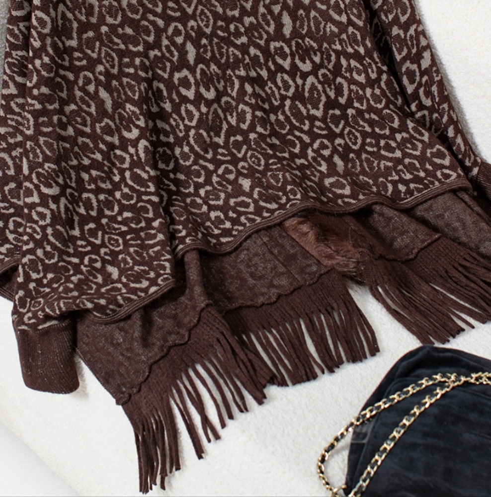 Plush Faux Fur Leopard Retro Fringe Boho Oversized Poncho Knit Cardigan Jacket - Picture 6 of 16